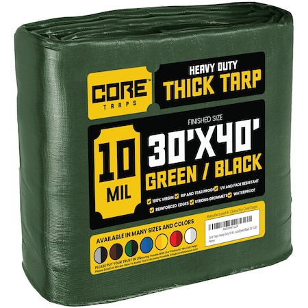 Core Tarps Heavy Duty Tarp, 40 ft L x 0.5 mm H x 30 ft W, 10 Mil, Green/Black, Polyethylene CT-603-30X40